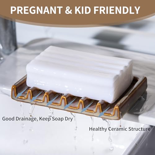 Tanew Self Draining Premium Brown Ceramic Waterfall Soap Dish, Bar and Shower Soap Holder Sponge Holder Soap Tray Savers for Bathroom, Shower, Kitchen, Sink and Countertop - color: Brown