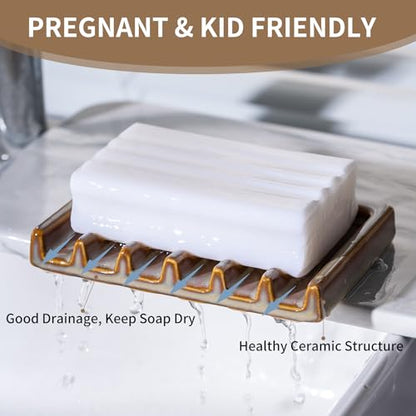 Tanew Self Draining Premium Brown Ceramic Waterfall Soap Dish, Bar and Shower Soap Holder Sponge Holder Soap Tray Savers for Bathroom, Shower, Kitchen, Sink and Countertop - color: Brown