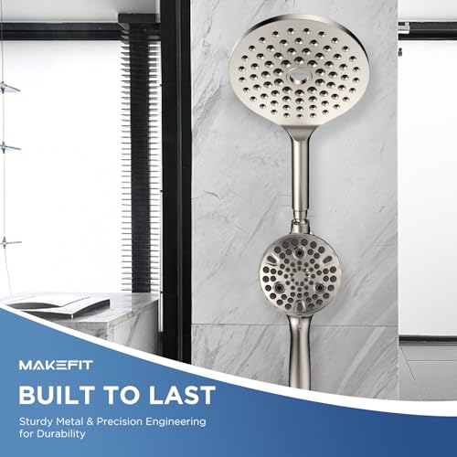 Dual Handheld Shower Head Combo, 2-in-1 Rain Shower Heads System 8 Inch Rainfall Shower Head and 10 Modes High Pressure Hand Held Showerhead with Built-in Power Wash - color: Brushed Nickel, size: 8 Inch Standard