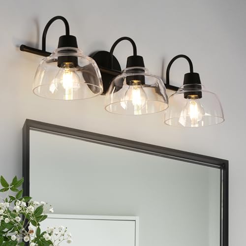 KSANA Black Bathroom Light Fixture, 3-Light Vanity Light with Large Opening Clear Glass Shade, Modern Farmhouse Wall Lamp Over Mirror - size: Dome Shade