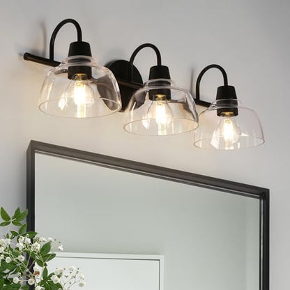 KSANA Black Bathroom Light Fixture, 3-Light Vanity Light with Large Opening Clear Glass Shade, Modern Farmhouse Wall Lamp Over Mirror - size: Dome Shade