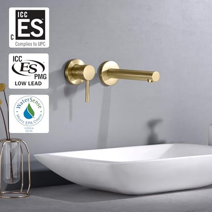 SUMERAIN Bathroom Basin Faucet Wall Mount Left-Handed Single Handle | 2 Holes, with Brass Rough in Valve, Brushed Gold Finish - color: Brushed Gold, size: Left-Handed
