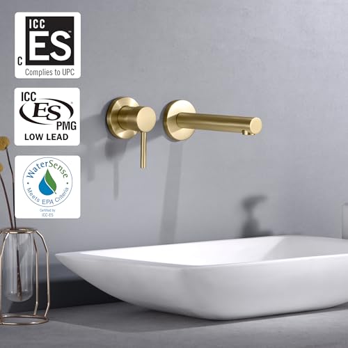 SUMERAIN Bathroom Basin Faucet Wall Mount Left-Handed Single Handle | 2 Holes, with Brass Rough in Valve, Brushed Gold Finish - color: Brushed Gold, size: Left-Handed