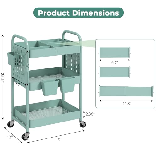 Rolling Cart, Movable Utility Organizer with Retractable Dividers & Pegboards for Kitchen, Bathroom, Office - color: Green