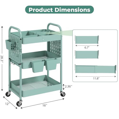 Rolling Cart, Movable Utility Organizer with Retractable Dividers & Pegboards for Kitchen, Bathroom, Office - color: Green