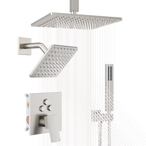 Nickel Shower System, Brushed Nickel Shower Faucet Set, 10'' Ceiling Shower Head, 6'' Wall Mounted Shower Head, 3 In 1 Push Button Shower Valve Kit, Waterfall ShowerHead with Handheld, Brushed Nickel - color: Brushed Nickel