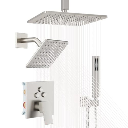 Nickel Shower System, Brushed Nickel Shower Faucet Set, 10'' Ceiling Shower Head, 6'' Wall Mounted Shower Head, 3 In 1 Push Button Shower Valve Kit, Waterfall ShowerHead with Handheld, Brushed Nickel - color: Brushed Nickel