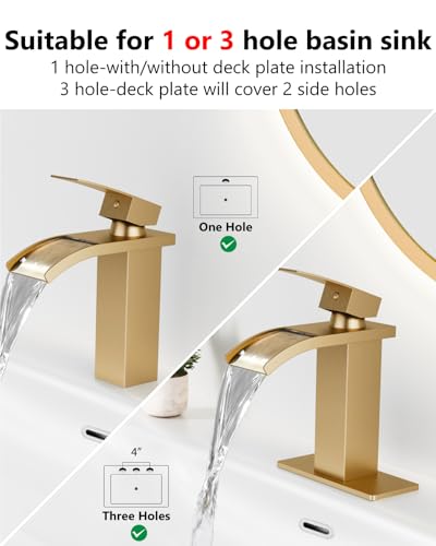 Gold Waterfall Bathroom Faucet 1-Handle Vanity Faucet | Stainless Steel Modern Bathroom Sink Faucet,Pop-Up Drain, Supply Lines 6-in Deck Plate, 1- or 3-Hole, NSF Certified - color: Gold