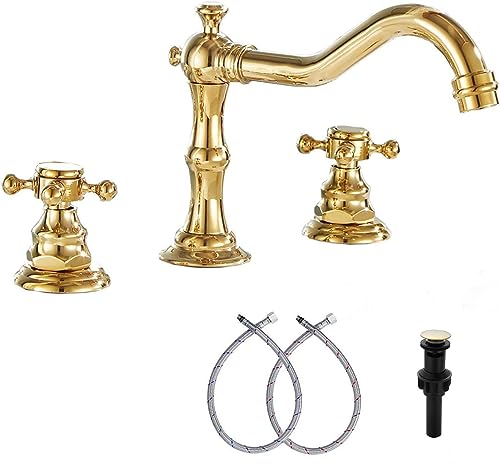 8-16 inch Two Handles 3 Holes Widespread Bathroom Sink Faucet Gold Basin Mixer Tap Faucet Matching Metal Pop Up Drain with Overflow - color: Gold, style: Metal Cover