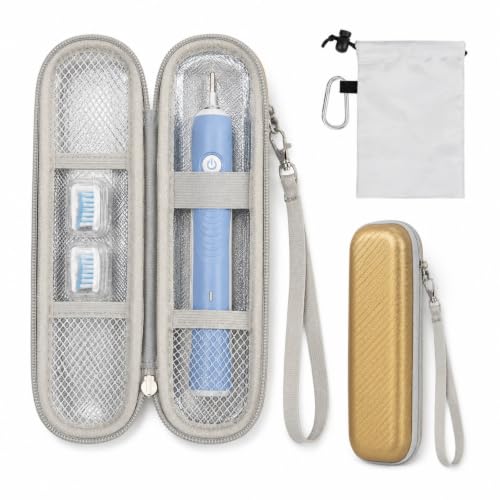 Comecase Electric Toothbrush Travel Case for Oral-B & Sonicare | Compact Hard EVA Case with Foil Lining, PU Textured Shell, Mesh Pockets, Strap and Carabiner for Travel - color: Rose Gold, size: Compact Size