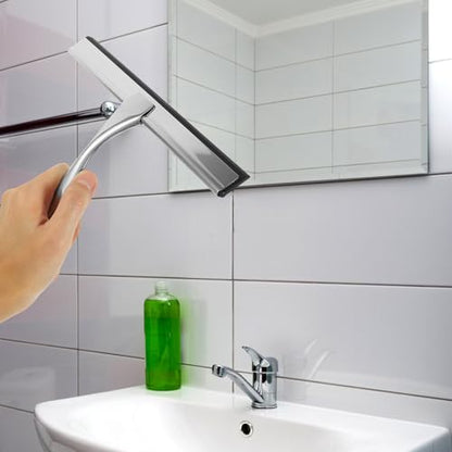 Stainless Steel Window Cleaning Squeegee with 10-inch Blade and Nail-Free Adhesive Hook, Shower Screen Scraper for Bathroom Glass Doors and Car Windows, Multi-Purpose Shower