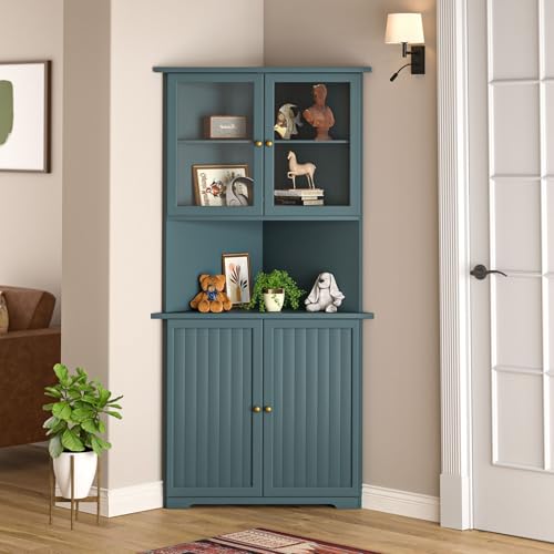 MUPATER Tall Corner Cabinet with Doors and Shelves, 71'' Free Standing Corner Kitchen Hutch, Cabinet Storage for Living Room, Bathroom, Kitchen with Countertop, Blue - color: Blue