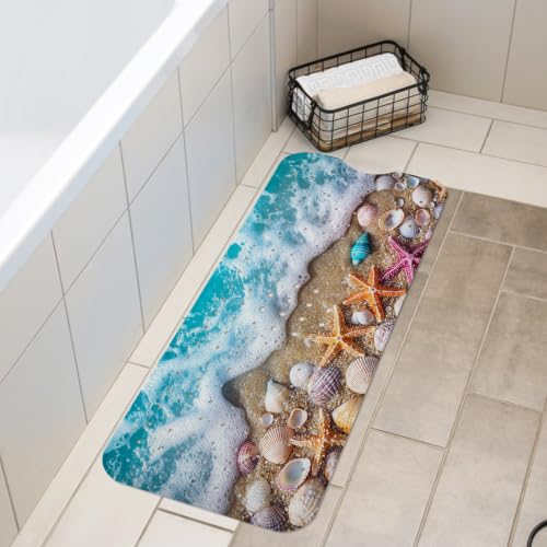 LNOND Summer Beach Bathtub Mat Non Slip, 40 X 16 Inch Tub Mat for Bathroom, Waves and Beach Bath Tub Shower Mat with Drain Holes and Suction Cups - color: Waves and Beach Bathtub Mat