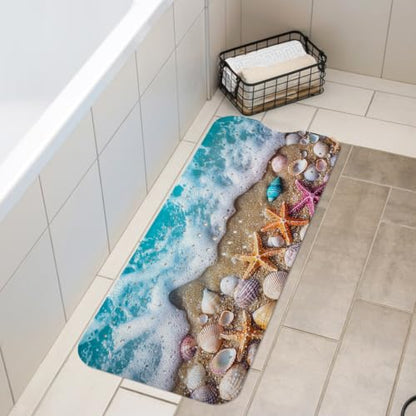 LNOND Summer Beach Bathtub Mat Non Slip, 40 X 16 Inch Tub Mat for Bathroom, Waves and Beach Bath Tub Shower Mat with Drain Holes and Suction Cups - color: Waves and Beach Bathtub Mat