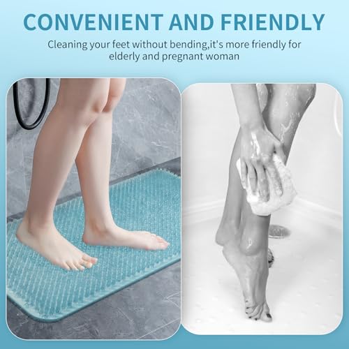 Yolife Shower Foot Scrubber Mat, Anti-Slip Bath Mat with Scrub Bristles, Soft Shower Foot Massager with Strong Suction Cups for Soothe Achy Feet, 25.6" x 13.4" - color: Light Blue, size: 25.6" x 13.4" (Rectangular)