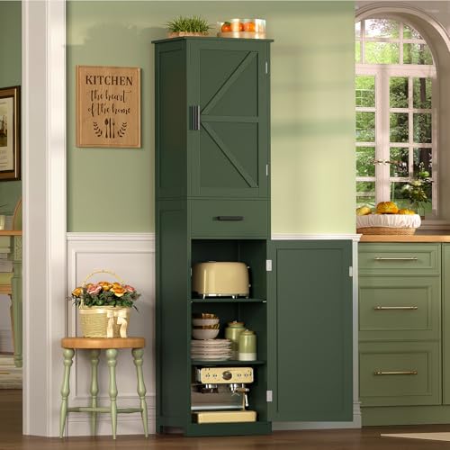 TEENFON Tall Bathroom Cabinet, Storage Cabinet with 6 Shelves & Drawer, Bathroom Storage Cabinet with Adjustable Shelves, Tall Cabinet for Living Room, Home Office, Green