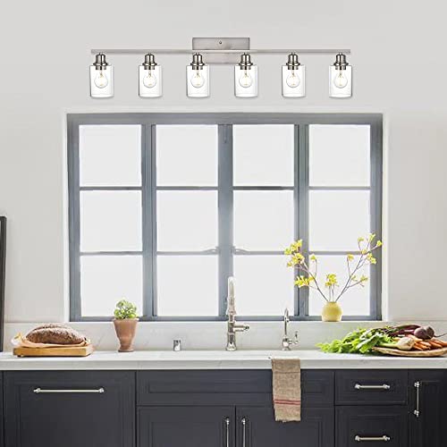 6 Light Bathroom Lighting Fixture in Brushed Nickel Finish,Classic Metal Wall Mounted Lamp Over Mirror with Clear Glass Shade Industrial Vanity Light - color: Brushed Nickel, size: 6 Light