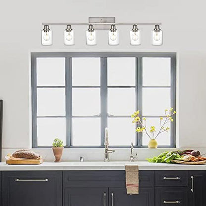 6 Light Bathroom Lighting Fixture in Brushed Nickel Finish,Classic Metal Wall Mounted Lamp Over Mirror with Clear Glass Shade Industrial Vanity Light - color: Brushed Nickel, size: 6 Light