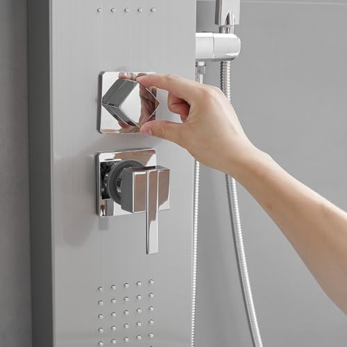 BWE Multi-Function Shower Panel System with Rainfall Shower Head Massage Body Jets and Handheld Shower Head 3 In1 Shower Panel Tower Stainless Steel for Home Hotel Resort Brushed Nickel and Chrome