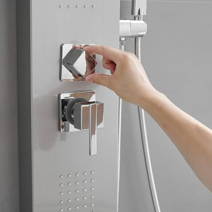 BWE Multi-Function Shower Panel System with Rainfall Shower Head Massage Body Jets and Handheld Shower Head 3 In1 Shower Panel Tower Stainless Steel for Home Hotel Resort Brushed Nickel and Chrome