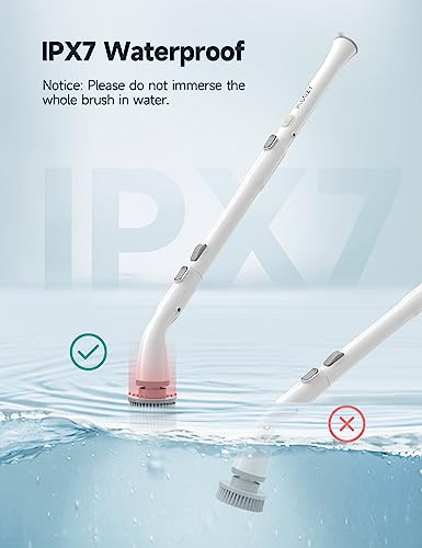 Electric Spin Scrubber HS1, Cordless Shower Scrubber for Cleaning with 4 Replaceable Brush Heads Adjustable Extension Handle, IPX7 Waterproof Cleaning Brush for Bathroom Floor White