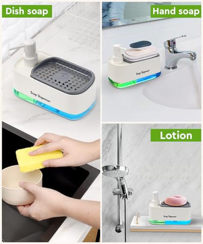 Hand and Dish Soap Dispenser Set for Kitchen, Dual Soap Dispenser with Sponge Holder, 3-in-1 Countertop Soap Pump Dispenser for Kitchen Sink, Useful Kitchen Gadgets - White - color: White