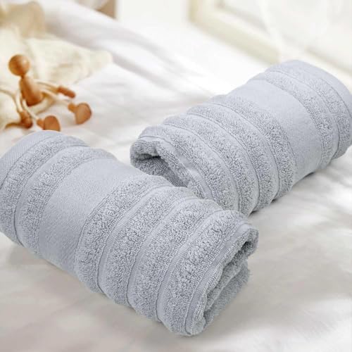 Jacquotha Light Grey Hand Towel Set of 2 Ribbed - 480 GSM Cotton Ultra Soft | Luxury Textured Face Towels for Spa Hotel - color: Light Gray