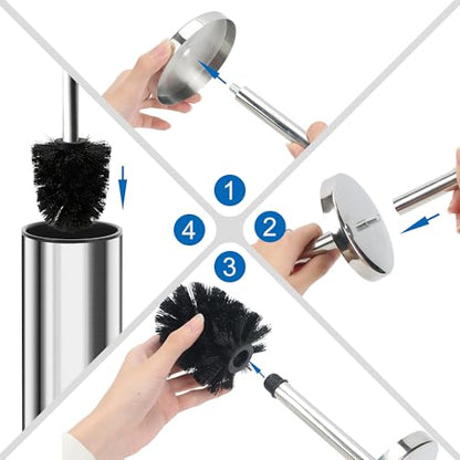 Heavy Duty Stainless Steel Toilet Brush Set with Holder(2 Brush Heads) – Rustproof Toilet Bowl Brush, Compact Cylinder Base, Extra Long Handle for Deep Cleaning, Silver - color: Silver