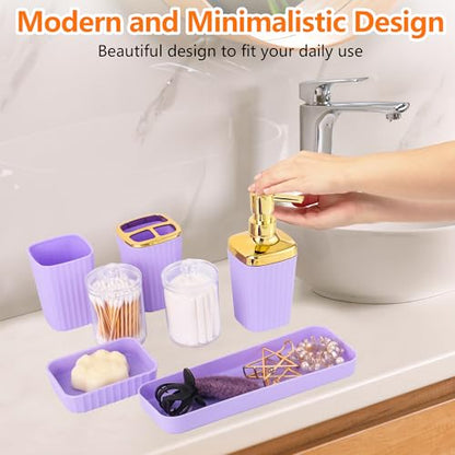 9 PCS Purple Bathroom Accessories Set with Trash Can Bathroom Accessory | All-in-One Kit with Trash Can,Toothbrush Holder,Soap Dispenser,Toothbrush Cup,Vanity Tray,Soap Dish,Toilet Brush etc for Home - color: Purple