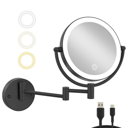 Brass Lighted Wall Mounted Makeup Magnifying Mirror 1X/10X | 8-Inch Rechargeable 2-Sided, 3 Color LED Touch Brightness Adjustment Extended Arm Cosmetic Vanity for Bathroom, Matt Black - color: Matte Black