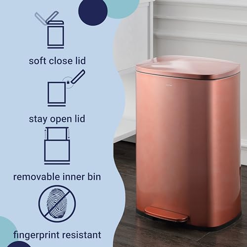 happimess Connor 2-Piece Stainless Steel Trash Can, Rose Gold | 13.2 and 1.3 Gallons, Rectangular, Soft-Close Lid, Fingerprint Resistant, Step Pedal, 20 Liners, 26" and 12" Height - color: Rose Gold