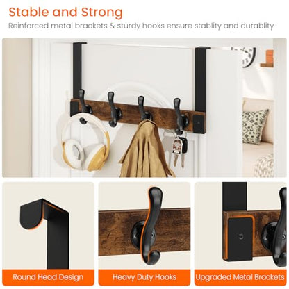 Homode Over The Door Hooks Heavy Duty, Wood Over Door Hanger Hook with Coat Hooks for Hanging Towels, Clothes, Hats, Bags - Rustic Brown Black - color: Rustic Brown