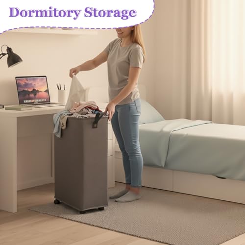 Slim Rolling Laundry Basket with Wheels, 42L Narrow Laundry Hamper with Mesh Drawstring Cover & Handles, Collapsible Dirty Clothes Bin for Small Spaces, Dorm, Apartment, Bathroom, Dark Grey - color: Dark Gary