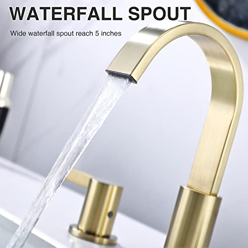 TRUSTMI 8 Inch Widespread Brushed Gold Bathroom Faucet 3 Hole 2 Handle Brass Vanity Sink Faucet with 360 Degree Swivel Spout, Overflow Drain and cUPC Waterlines - color: Brushed Gold