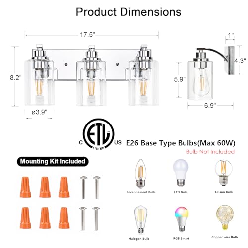 3-Light Bathroom Light Fixtures Modern Chrome Vanity Lights | Easy to Install Clear Glass Shades, Wall Mount Up or Down, E26 Socket, Hardwired, 126V - color: Chrome, size: 3 Lights