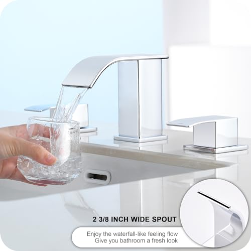 GAGALIFE 8 Inch Waterfall Bathroom Faucets for Sink 3 Hole - Chrome Bathroom Faucet with Pop-up Drain, Widespread Bathroom Sink Faucet 2-Handles, Patent No. : US D967,340 S - color: Chrome, style: With Drain