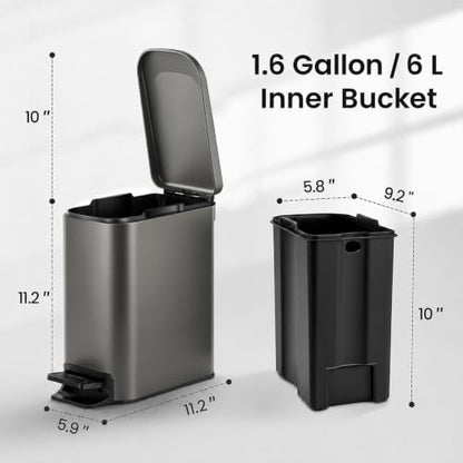 TIPGO Slim Bathroom Trash Can with Lid Soft Close, 6 Liter / 1.6 Gallon Stainless Steel Garbage Can with Removable Inner Bucket, Step Pedal, Small Trash Cans for Bedroom, Office, Kitchen (Black Gold) - color: Black Gold
