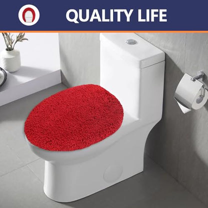 Soft Microfiber Toilet Lid Cover 17.5" x 15" Machine Washable | Solid Toilet Seat Cover Adjustable Rubber Backing Fits Most 16 -17.5" L x 14-16" W Round Oblong and Elongated Toilet Seat - color: Red