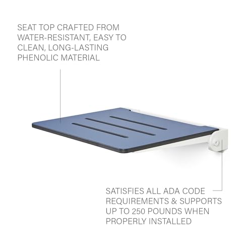 18 inch Silhouette Slimline Folding Wall Mount Shower Bench Seat, Navy Seat with White Frame - color: Navy Seat With White Frame