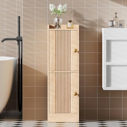 HOOBRO Slim Bathroom Cabinet for Small Spaces, Narrow Toilet Paper Cabinet with Doors, 9.8”W Space Saving Floor Cabinet with Adjustable Shelves, Farmhouse Wooden Organizer, Natural