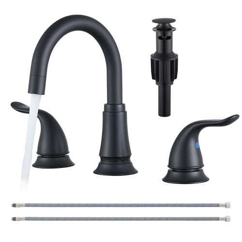 Matte Black Widespread Bathroom Faucet 3 Hole, 8 Inch Bathroom Sink Faucet | Adjustable Sink Faucet Bathroom with Pop-Up Drain & Supply Lines, Dual Handle 360° Swivel Spout, Modern Design