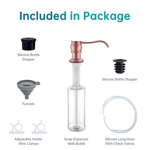 Brass Kitchen Soap Dispenser, Red Copper in Sink Liquid Dish Soap Dispenser, Under Sink Hand Metal Dispenser Pump, 47.2" Silicone Long Tube for 0.79 "- 1.38" Bottle Mouths - color: Red Copper, size: With Hose