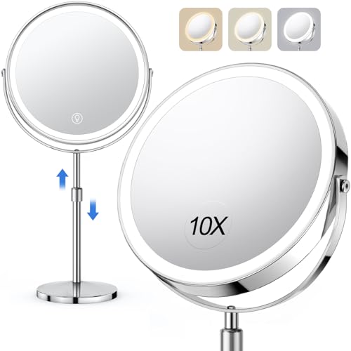 UBYMET Lighted Makeup Mirror, Rechargeable Height Adjustable Double Sided, 1x/10x Magnifying with 3 Color, Brightness Adjustable, 360° Rotation Vanity, Gift for Women - color: 8in Dresser Chrome