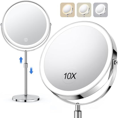 UBYMET Lighted Makeup Mirror, Rechargeable Height Adjustable Double Sided, 1x/10x Magnifying with 3 Color, Brightness Adjustable, 360° Rotation Vanity, Gift for Women - color: 8in Dresser Chrome