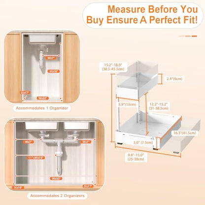 YJHome 2 Pack Expandable Under Sink Organizer, 2 Tier Pull Out Cabinet Organizer with Smooth Ball Bearing Slides, Adjustable Height Cabinet Storage Shelves for Kitchen, Bathroom, Laundry, Pantry - size: 2 Pack 9.8“-15"W