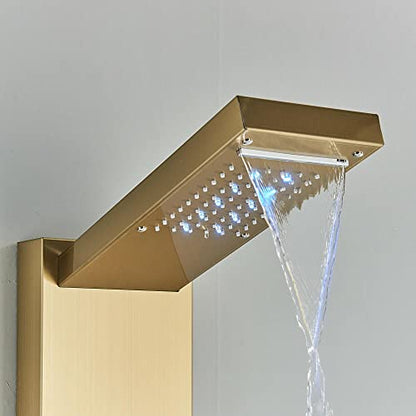 Brushed Gold LED Shower Panel Tower Massage Body Jets System Rain Waterfall Mixer Hand Shower