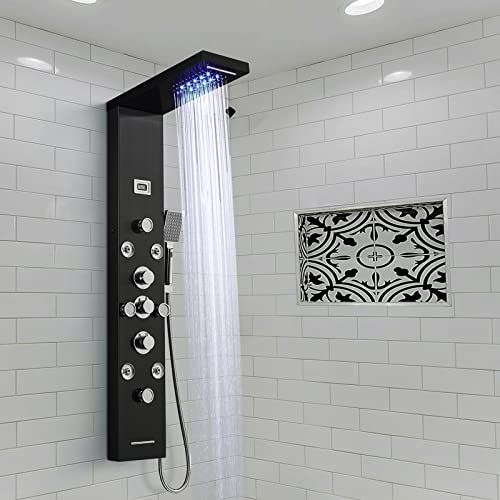 POPFLY 6 In 1 LED Shower Panel Tower System, 8 Body Massage Jets, 304 Stainless Steel Wall Mount Rainfall ＆ Waterfall Shower Column Towers with Temperature Display, Tub Spout, Black - color: 8 Jets-Black