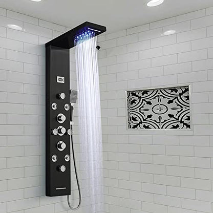 POPFLY 6 In 1 LED Shower Panel Tower System, 8 Body Massage Jets, 304 Stainless Steel Wall Mount Rainfall ＆ Waterfall Shower Column Towers with Temperature Display, Tub Spout, Black - color: 8 Jets-Black
