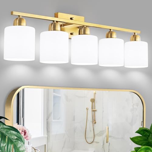Bath Vanity Lights for Mirror, Restroom Lights Fixtures with Milky White Frosted Glass Shades,Bathroom Over Sink Light Fixtures, Bathroom Light Fixtures Over Mirror - color: Gold & Milky White Glass, size: 5-Light
