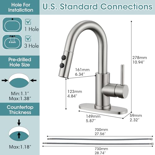 Brushed Nickel Bathroom Faucet with Pull Down Sprayer, 2 Flow Mode | Modern Stainless Steel Bathroom Sink Faucet with Pop-up Drain and Hoses, RV & Outdoor Basins, for 1 or 3 Hole - color: Brushed Nickel